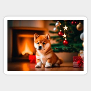 Cute Shiba Inu Puppy's First Christmas Magnet